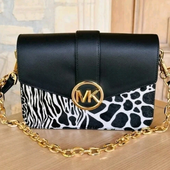 Michael Kors Black and White Zebra Animal Print Crossbody Bag with Gold Chain - Picture 1 of 13